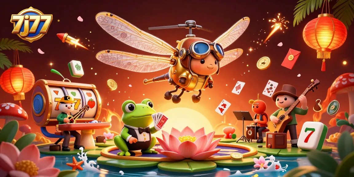Engage with 7j77 at a vibrant lily pad casino scene featuring a fun dragonfly pilot and entertaining croupier.
