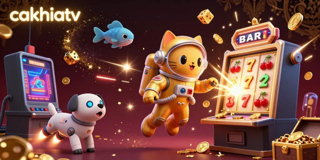 Experience the excitement of gambling with cakhiatv in this vibrant 3D cosmic scene of space and winning.