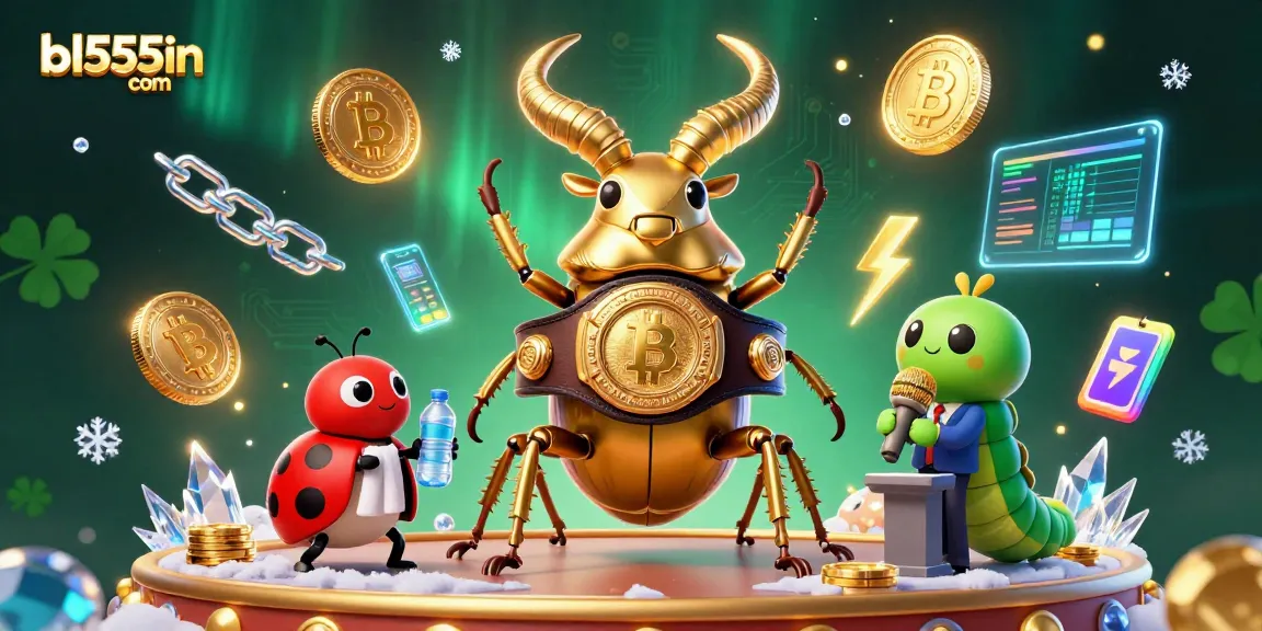 Experience vibrant gaming at bl555in com showcasing a golden stag beetle champion surrounded by crypto elements.