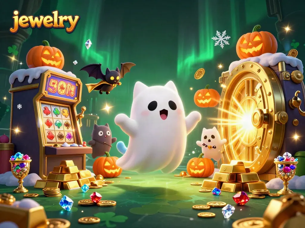 Engage with stunning jewelry designs in a haunted casino setting, featuring whimsical ghost cat characters.