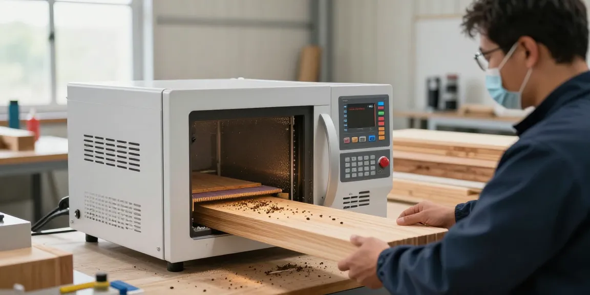 Shashel microwave device eliminating wood-boring insects in a safe, industrial treatment setting