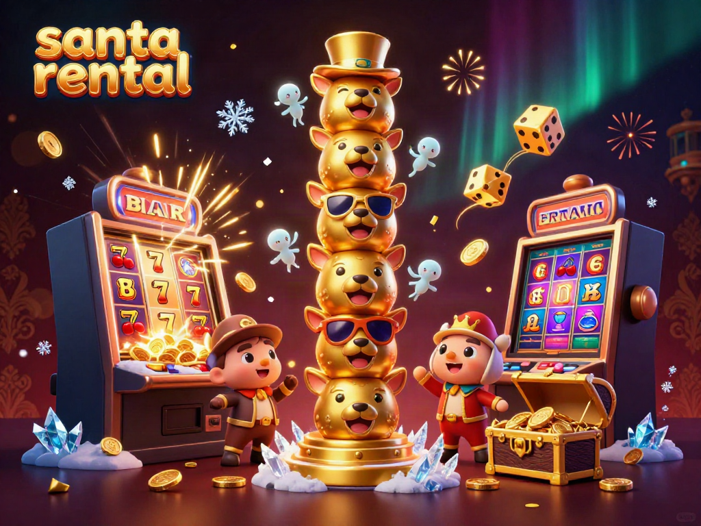 Engage with festive casino fun featuring a vibrant totem and slot machine in the santa rental atmosphere.