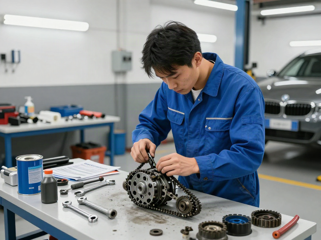 Mechaniker beim BMW Steuerkette wechseln in einer gut beleuchteten Werkstatt.