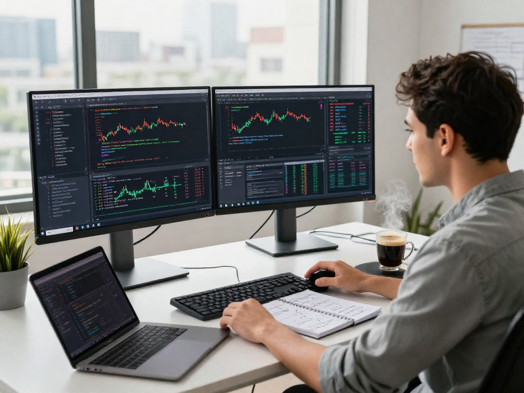 Developer utilizing India quant trading stock API in a modern tech workspace with live market data.