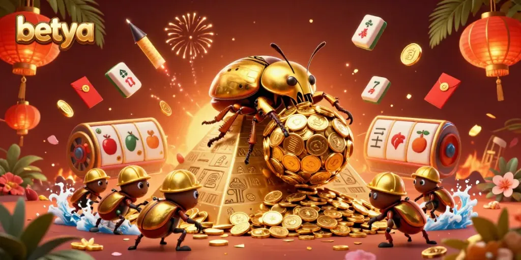 Betya casino's vibrant scene captures players enjoying slots and games with golden coins and festive decorations.
