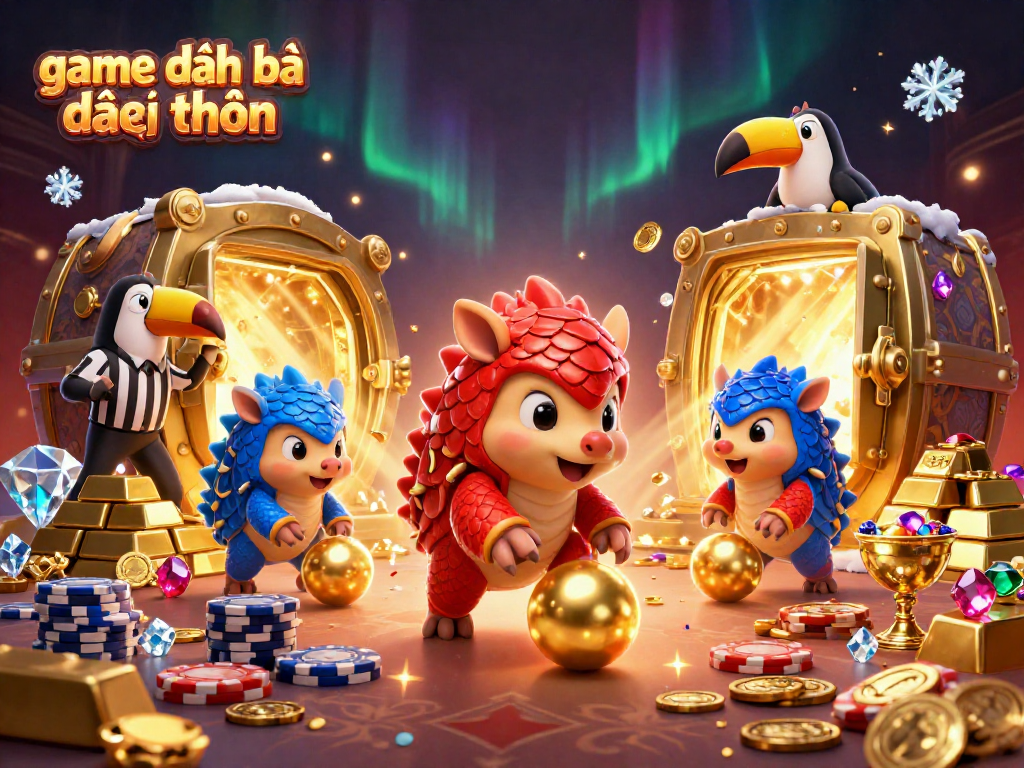 Experience the excitement of game đánh bài đổi thưởng with rival pangolins bowling and winning in a vibrant casino setting.