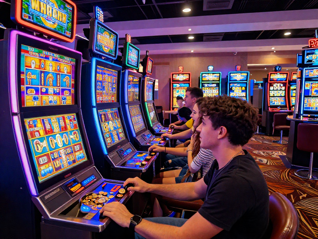 Excited players at vibrant casino slot machines, eager to hit the slot jackpot.