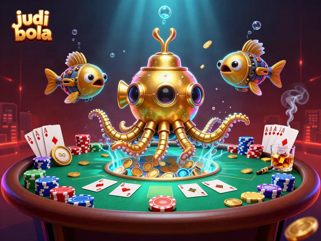 Engage in judi bola with a vibrant scene featuring a golden kraken submarine and poker elements.