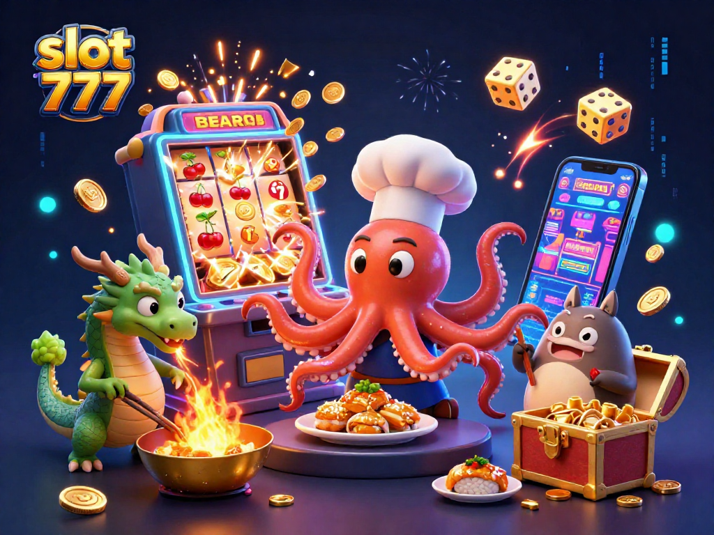 Experience winning with slot 777 in this vibrant 3D casino illustration featuring dynamic characters and game elements.