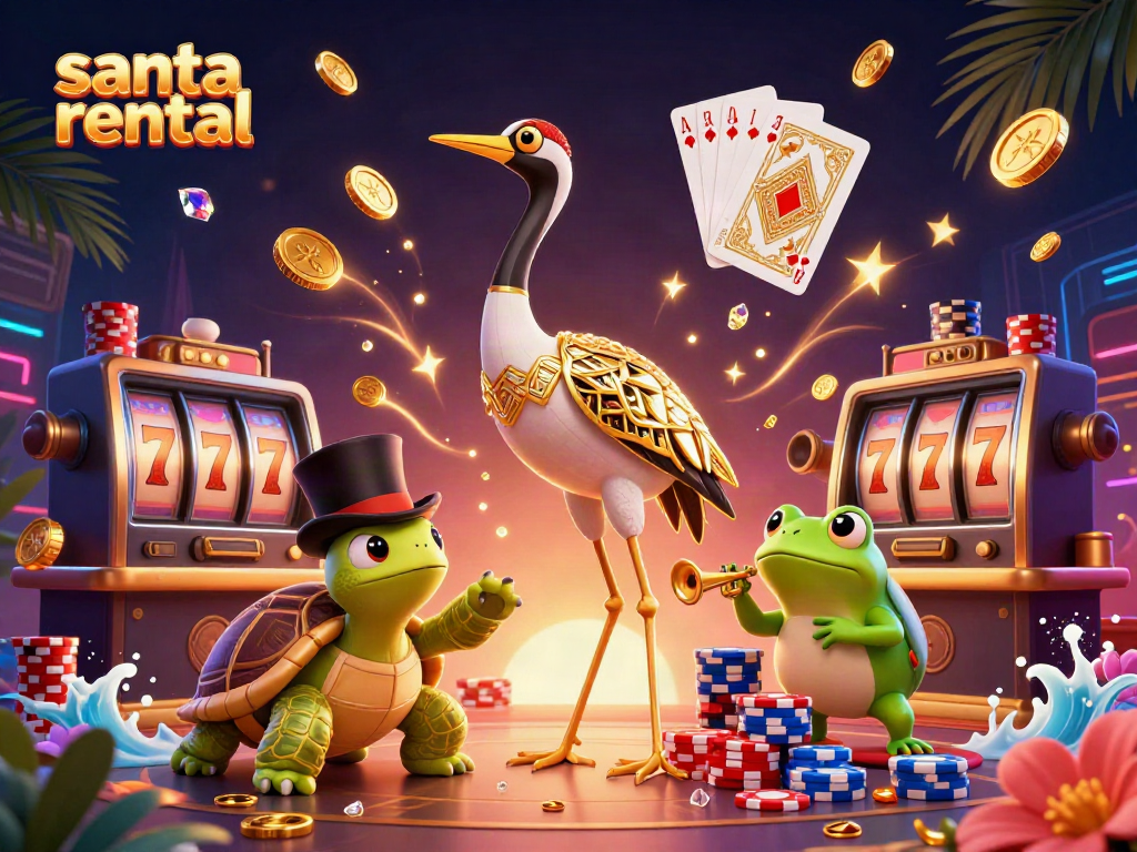 Experience the magic of santa rental with a festive 3D casino scene filled with gold coins and poker chips.