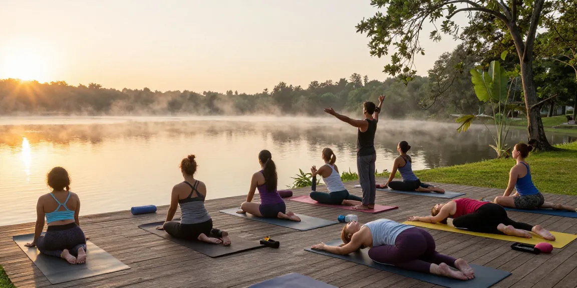 Group practicing yoga teacher training 2026 by Koggala Lake at sunrise, serene environment.