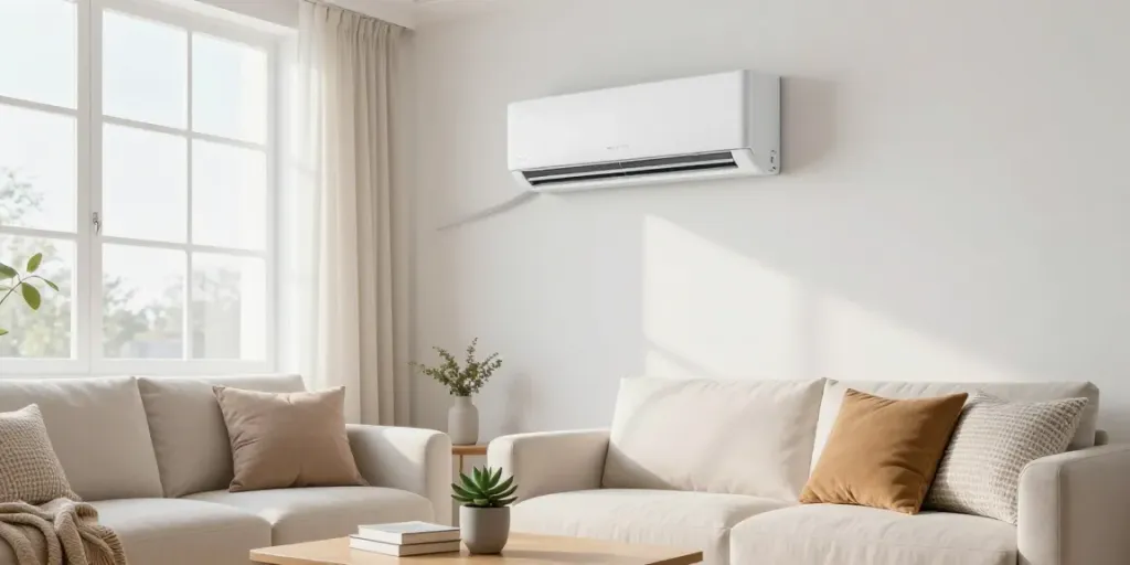 Modern mini split air conditioning unit in bright living room enhancing comfort