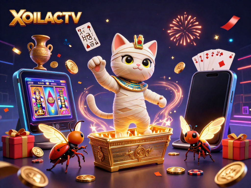 Exciting 3D scene of XOILACTV sports streaming with animated mummy cat, glowing scarab, and dynamic gambling elements.