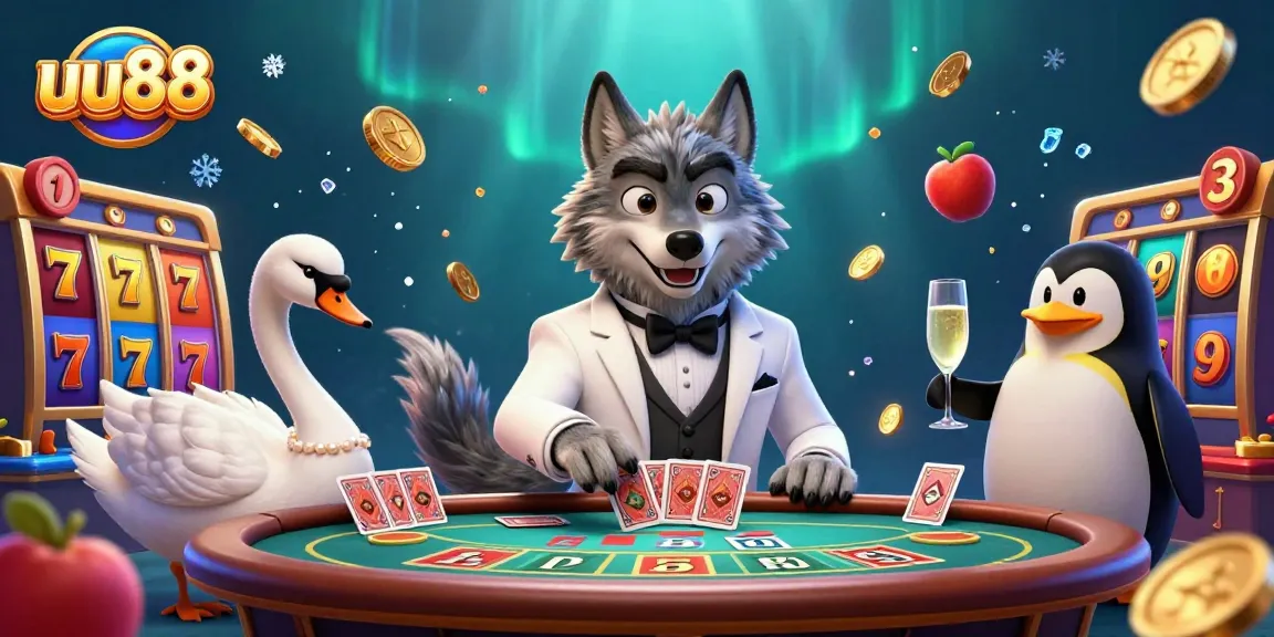 Place bets at uu88's baccarat table featuring a charming wolf, swan, and penguin.