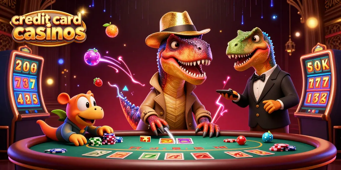 Experience the thrill of credit card casinos with cartoon velociraptor and friends at a blackjack table.