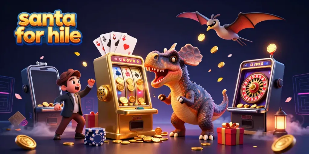 Engaging scene of a pachycephalosaurus headbutting golden slots for a jackpot, with Santa for hire theme.