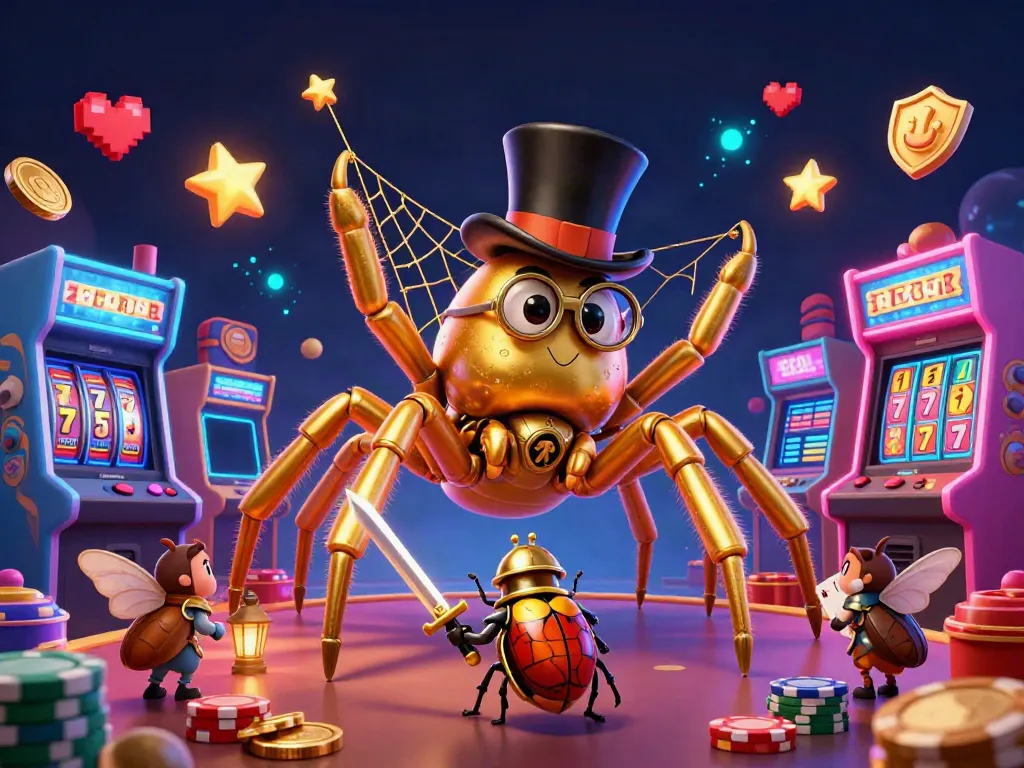 Experience sunwin with a vivid golden tarantula and beetle knight in a captivating casino setting.