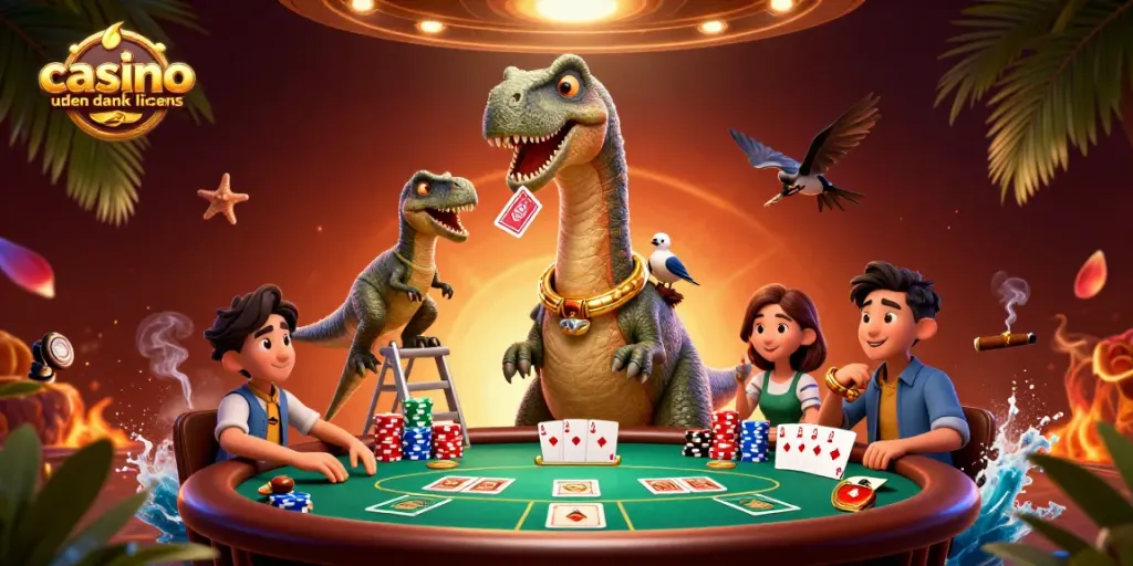 Play poker at a casino uden dansk licens with a giant dinosaur dealer and vibrant colors.