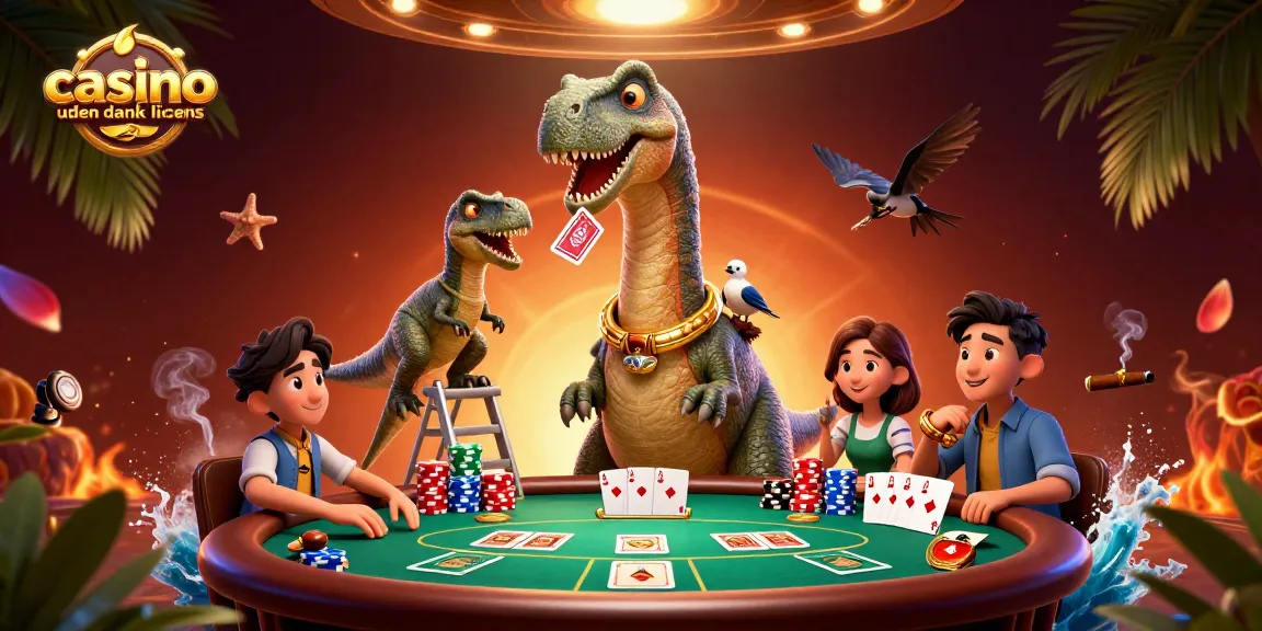 Play poker at a casino uden dansk licens with a giant dinosaur dealer and vibrant colors.