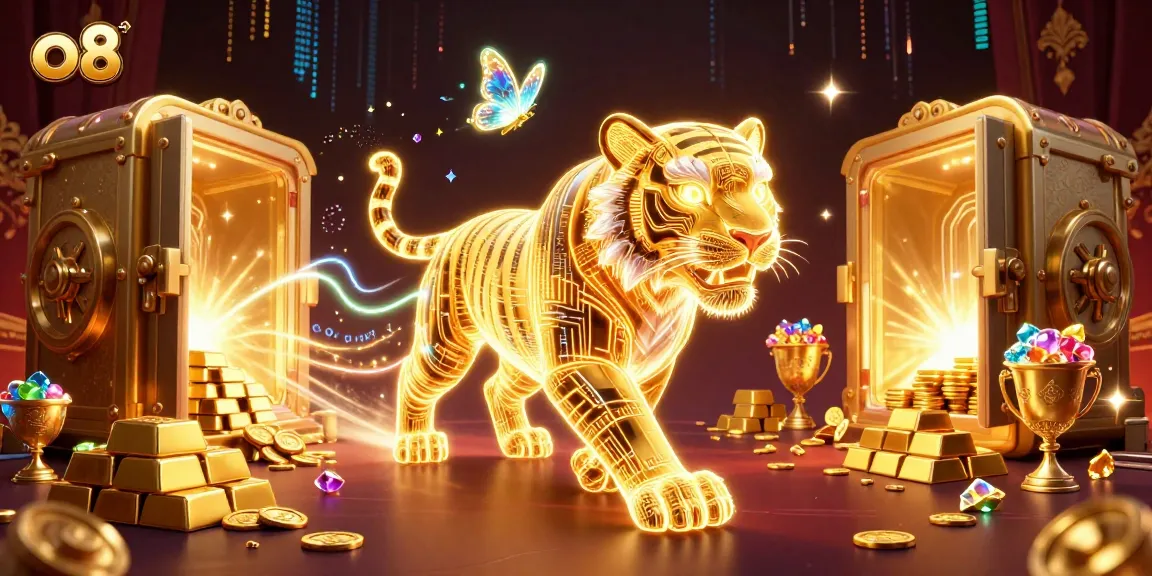 Immerse in the vibrant world of o8 casino, featuring a neon-wireframe tiger amidst treasure and sparkling gems.