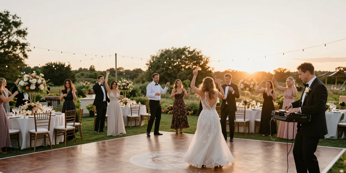 Hochzeit DJ Berlin - Professioneller DJ auf einer eleganten Hochzeitsfeier im Freien mit feierlichen Gästen.