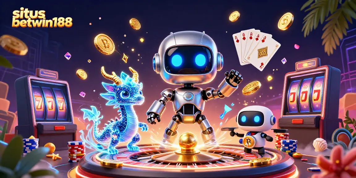 Akses situs betwin188 dengan cara menarik, menampilkan karakter robot futuristik dan elemen kasino yang dinamis.