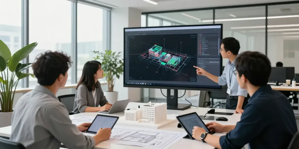 BIM services showcased in a modern architecture studio with architects collaborating on plans.