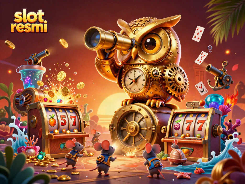 Exciting scene of a golden owl overseeing a vibrant slot resmi casino with lively characters and treasures.