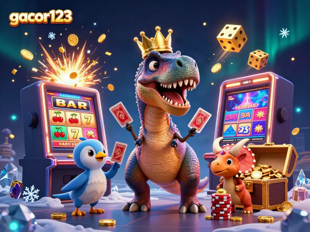Experience excitement on gacor123 with T-Rex shuffling cards, while a pterodactyl assists and chips stack high.