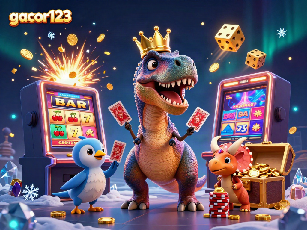 Experience excitement on gacor123 with T-Rex shuffling cards, while a pterodactyl assists and chips stack high.