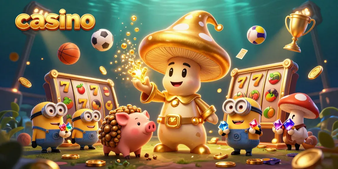 Engaging casino scene featuring golden mushroom wizard, pig, and minions amidst slot reels and vibrant sports elements.