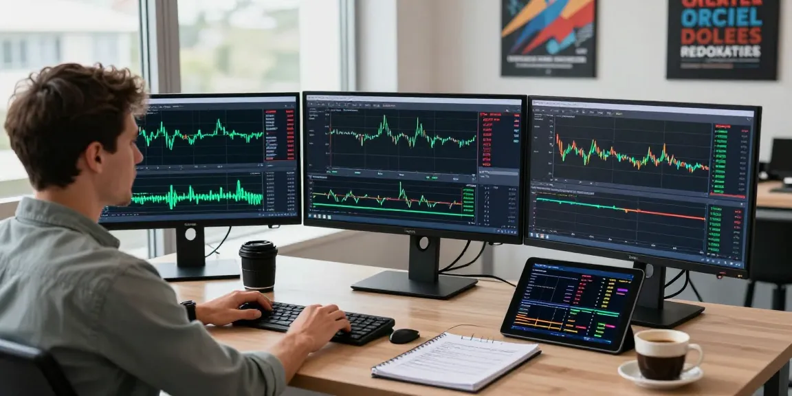 Trader using MetaTrader 4 with multiple monitors showing currency charts and trading signals in a modern office.