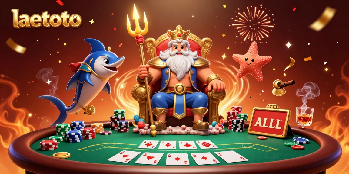 Experience laetoto's vibrant poker scene with Neptune and whimsical characters celebrating wins.