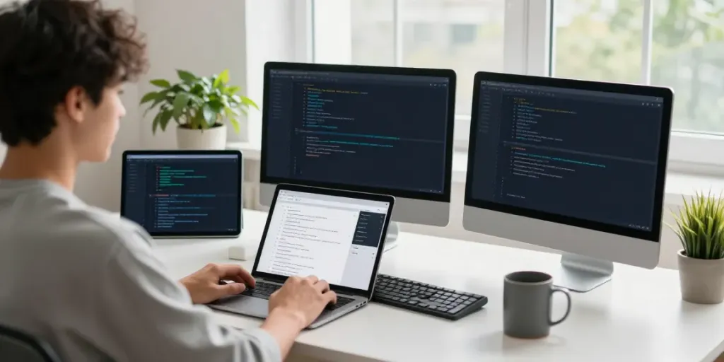 Developer coding open-source 2113 Apps on multiple screens in modern workspace.