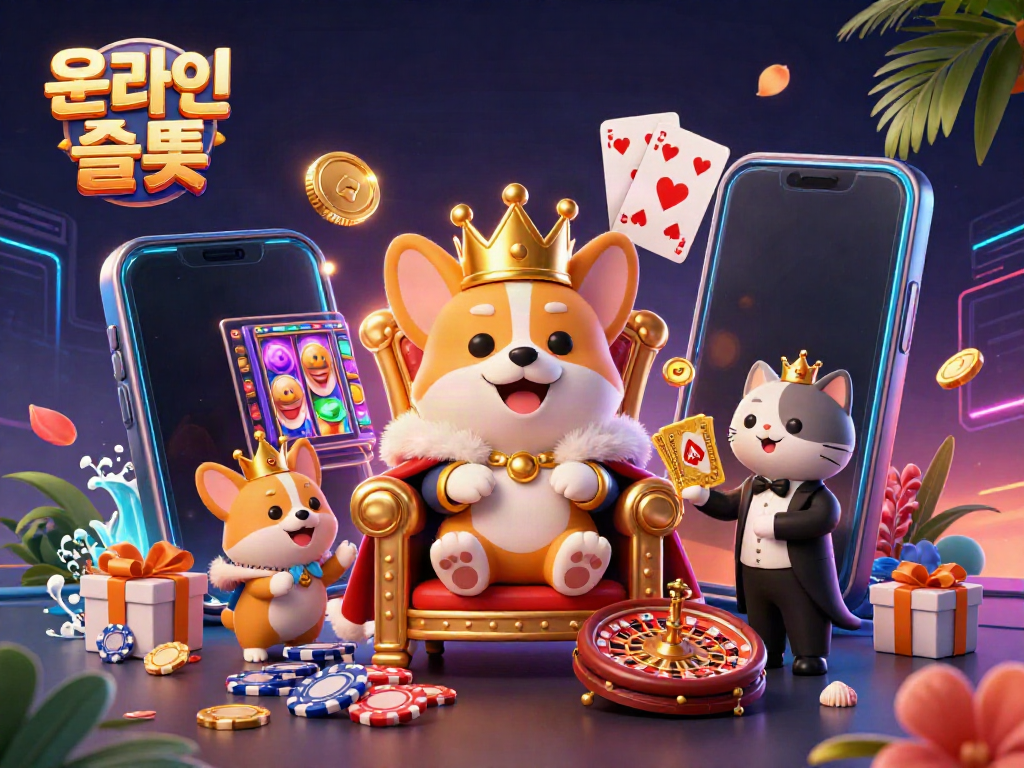 Experience the thrill of 온라인슬롯 with a royal corgi and a cat butler in a vibrant gambling scene.