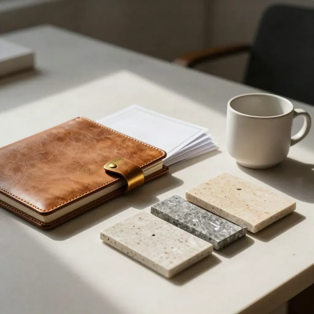 Limestone desk with folio, strategy cards, ceramic cup, and stone sample tiles in soft editorial light.