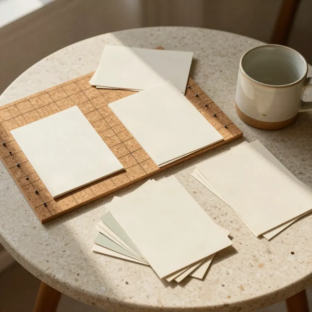 Overhead workshop materials on a round table with blank cards, sage swatches, cork grid and ceramic mug.