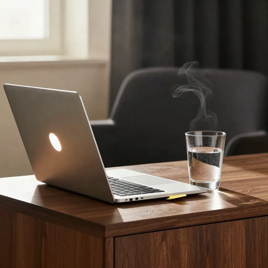 Angled laptop, glowing call light, water glass and brass bookmark on a walnut console.