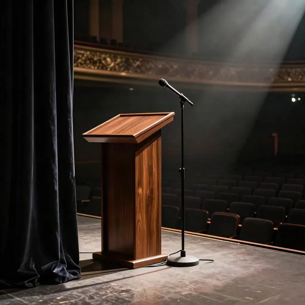 Dark theater stage edge with lectern, microphone, coiled cable and velvet curtain.