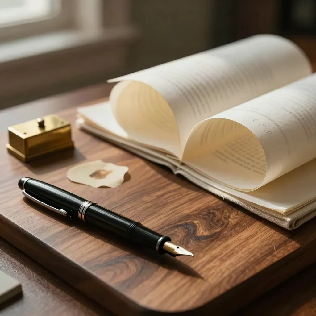 Fountain pen, blotter, brass paperweight and rolled proof sheets on a walnut writing surface.
