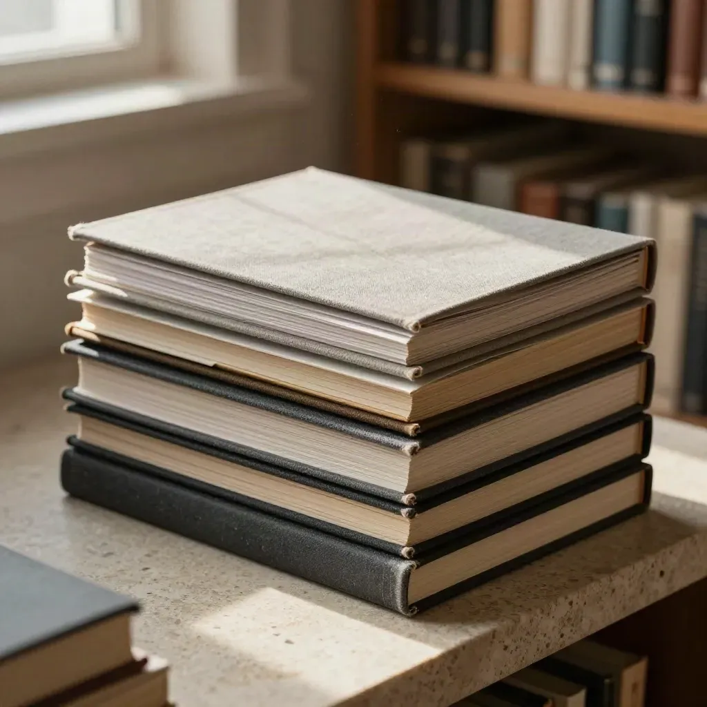 Closed portfolio folios and sample booklets on a stone shelf in a cozy library nook.