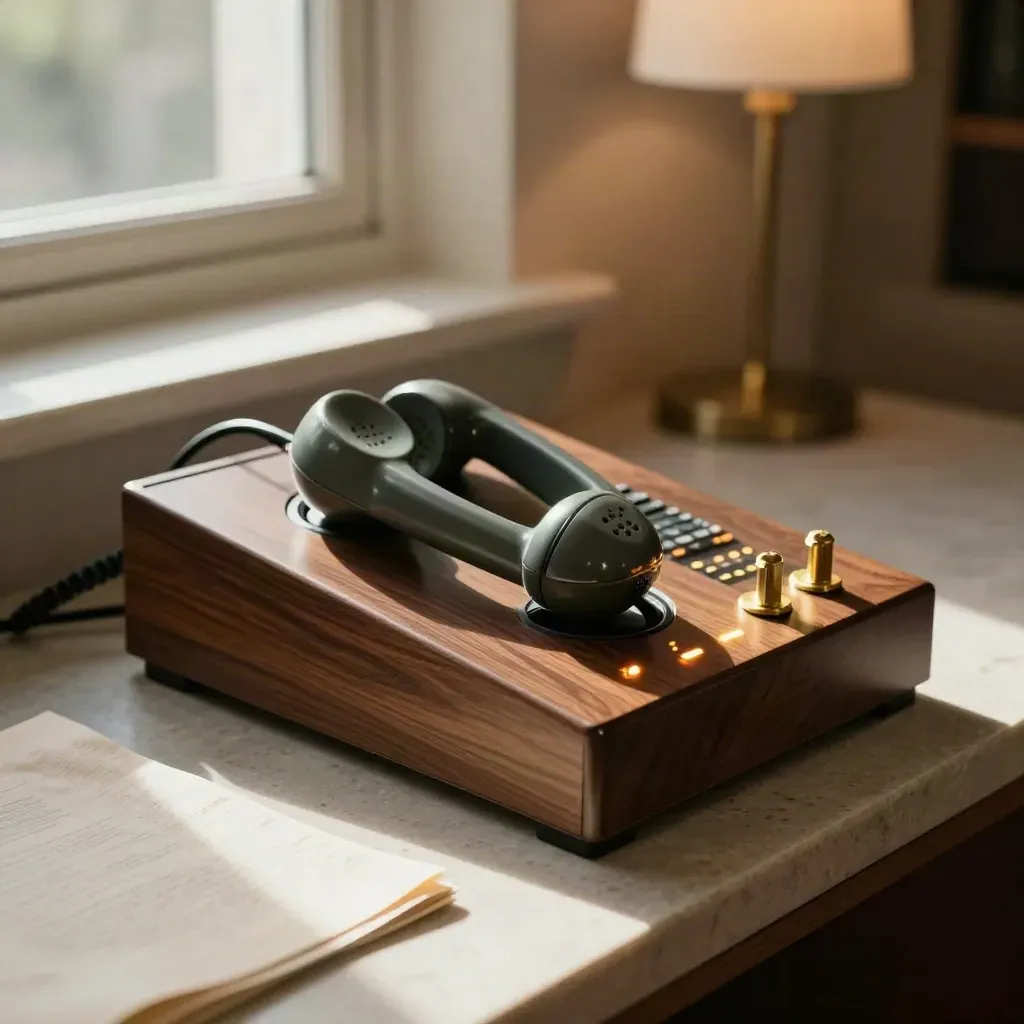 Sleek booking console with glowing lights, parked phone, and brass calendar markers in warm studio light.