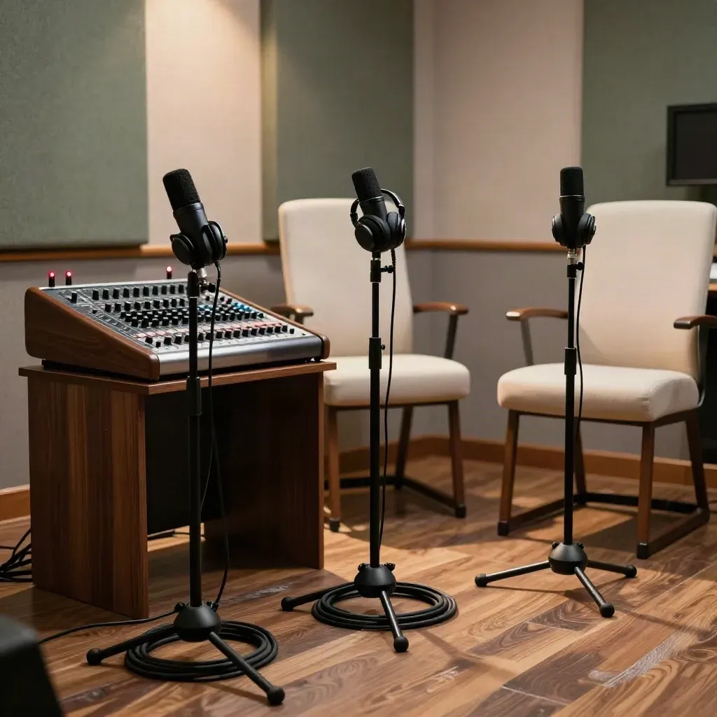 Empty podcast booth with three mics, cables, red tally lights and warm daylight.