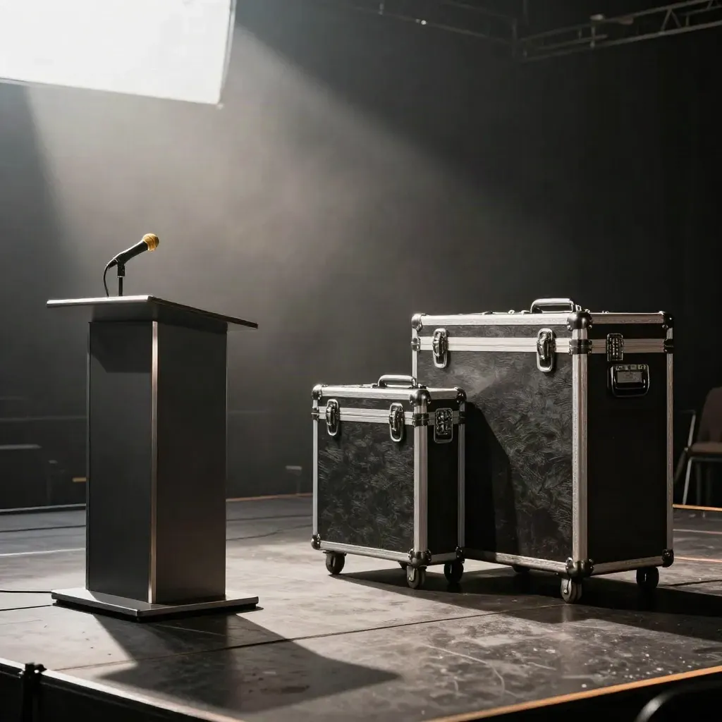 Dark keynote podium, microphone, and road cases ready on a smoky stage.