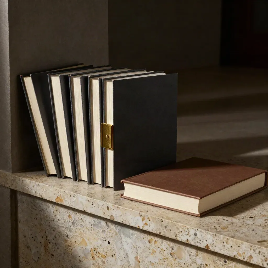 Fanned case-study folios, brass clip, and presentation box on travertine in dramatic light