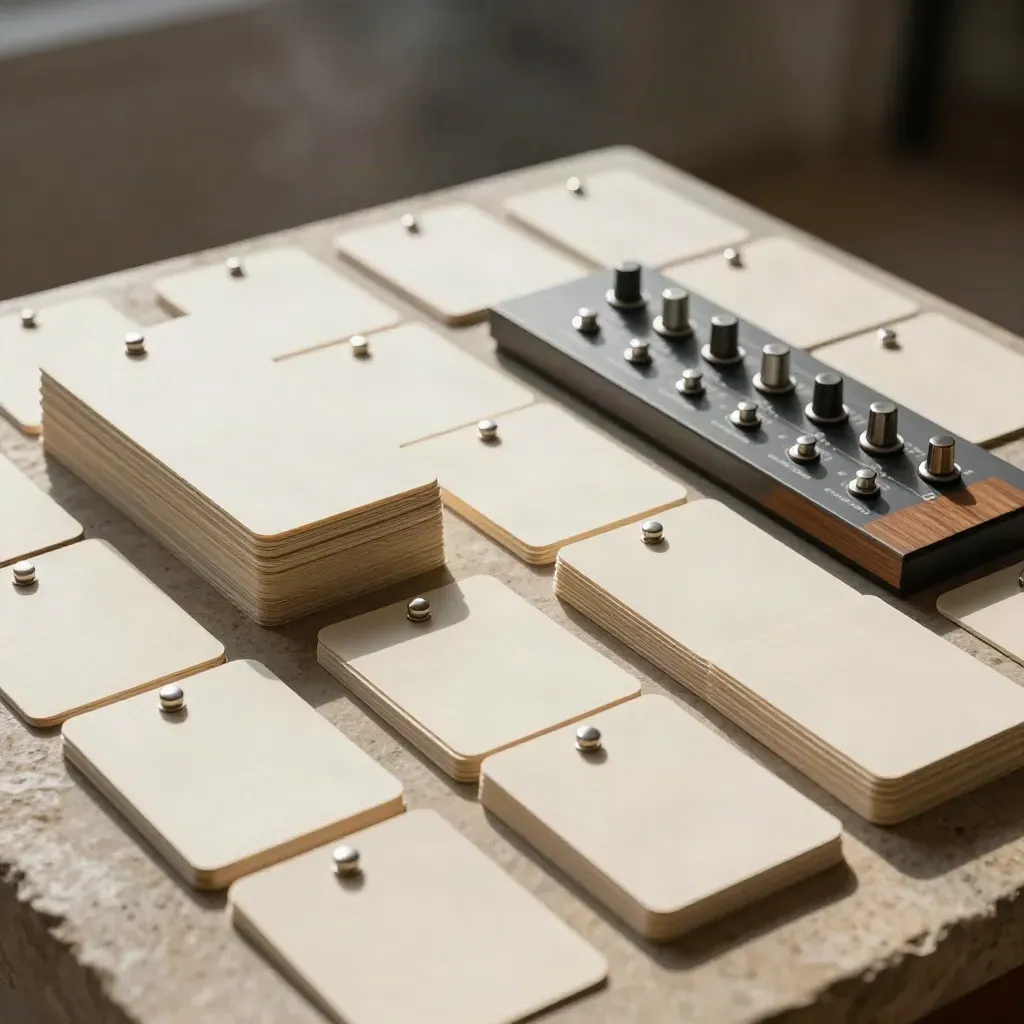 Overhead cards, message tiles, and tone board arranged for a workshop case study.