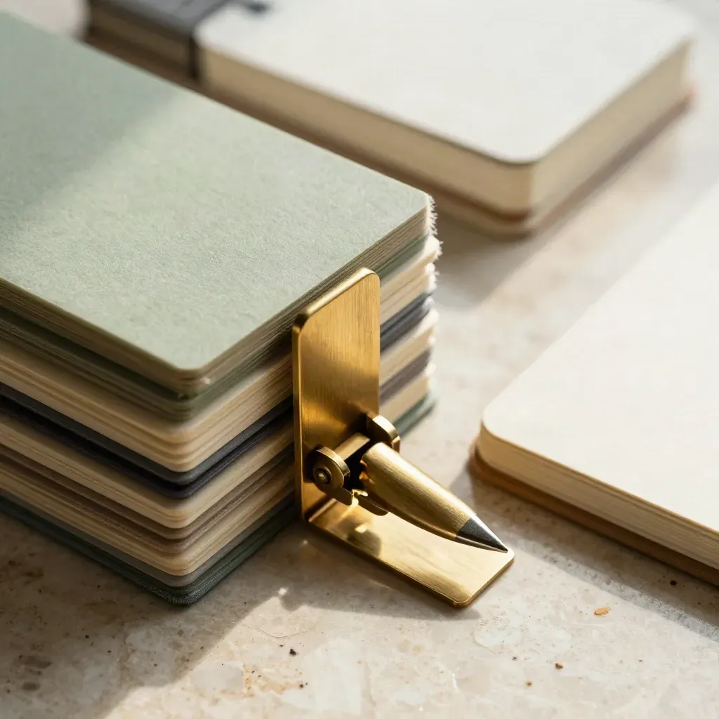 Macro of stacked color chips, brass divider and closed cream notebook on travertine.