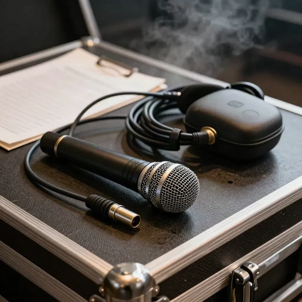 Lav mic, coiled XLR cable, headphone case and adapter on a road case in stage haze