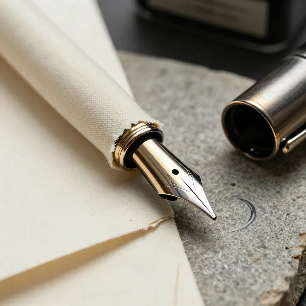 Macro fountain pen nib beside linen paper edge and ink cap on brushed stone.
