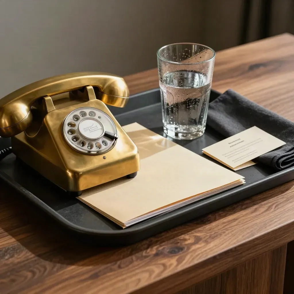 Black tray with brass phone, folder sleeve, and water glass on a walnut desk.